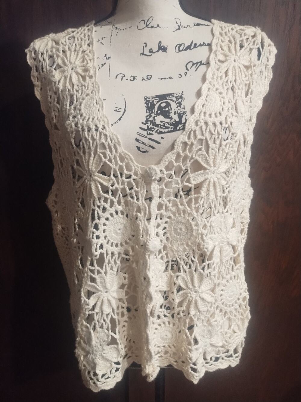 VTG Crochet Festival Ivory Top Coastal Grandma Cottagecore Large Granny Ivory